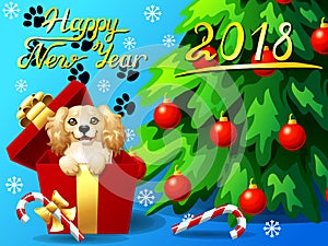 Card Cocker Spaniel in a gift box and fir