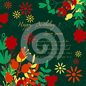 Card for congratulation or invitation. happy Birthday. decorated with flowers