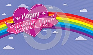 Card cover with message: Happy Valentines Day on a purple heart surrounded with pink ribbon on a blue background with rainbow