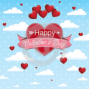 Card cover with message: Happy Valentines Day on a red heart surrounded with pink ribbon on a blue sky with clouds and balloons