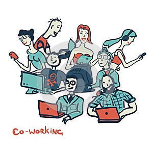 Card coworking with people of all ages with laptops and computer