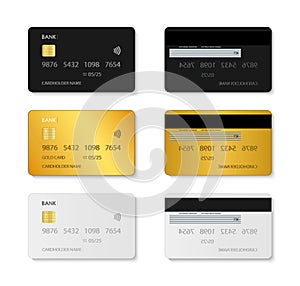 Card credit. Mockup of plastic debit card. Set of bank card with chip. Template in front, back view. White, black, gold mock.
