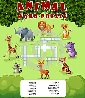 Card with crossword, education game for children about wild animals