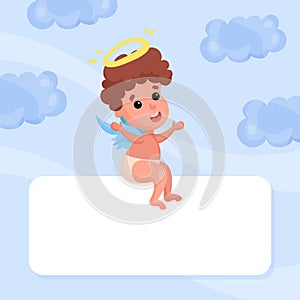 Card with Cute Baby Angel with Nimbus and Wing Vector Template