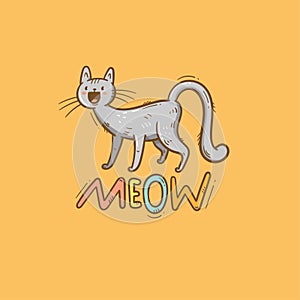 Card with  cute cartoon meow cat.  Funny doodle kitten. Vector contour colorful image. Playful animal print.