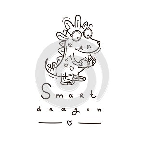 Card with  cute cartoon smart dragon. Funny crocodile print. Reading reptile poster. Vector doodle line art.