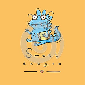 Card with  cute cartoon smart dragon. Funny crocodile print. Reading reptile poster. Vector doodle line art.