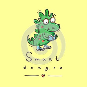 Card with  cute cartoon smart dragon. Funny crocodile print. Reading reptile poster. Vector doodle line art. Illustration for chil