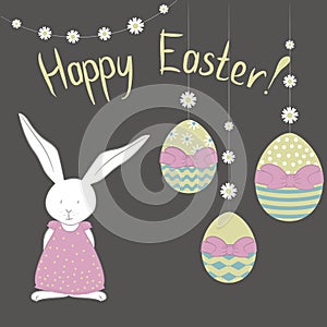 Card with cute Easter Bunny- girl, camomile garland and easter colorful eggs.