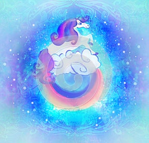 Card with a cute unicorn rainbow in the clouds.