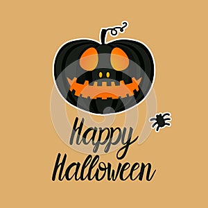 Card Dark Jack lantern pumpkin Happy Halloween jackolantern. Vector illustration isolated on gold background.