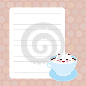 Card design Cute Kawai cat in blue cup of froth art coffee, pink purple pastel colors polka dot lined page notebook, template,