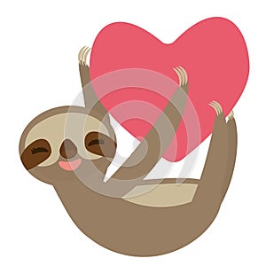 Card design cute kawaii Three-toed sloth holding red heart, copy space isolated on white background. Vector