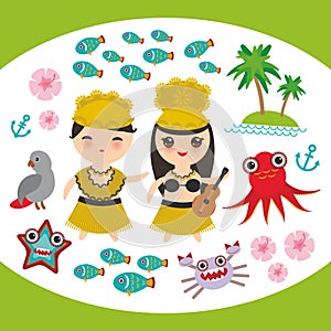 Card design Hawaiian Hula Dancer Kawaii boy girl set Hawaii icons symbols guitar ukulele flowers parrot fish crab octopus anchor f