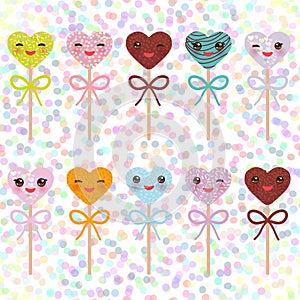 Card design with hearts Kawaii Colorful Sweet Cake pops with pink cheeks and winking eyes, Cake pops hearts set with bow isolated