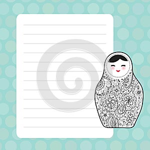 Card design with Kawaii Russian doll matrioshka Babushka sketch smiling face with pink cheeks, blue pastel colors polka dot lined