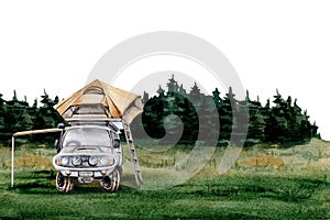 Card design with off road car and roof top tent on forest backdrop. Clip art for camping, touring, exploring, travel, holiday,