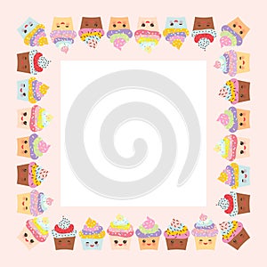 Card design with square frame, Cupcake, muzzle with pink cheeks and winking eyes, pastel colors on pink white background. Vector