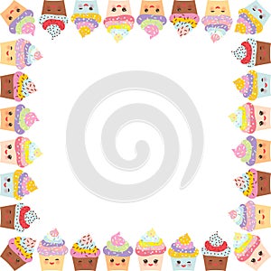 Card design with square frame, Cupcake, muzzle with pink cheeks and winking eyes, pastel colors on white background. Vector