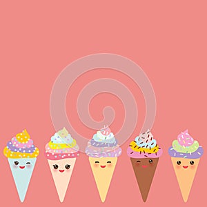 Card design for your text, banner template, Kawaii funny Ice cream waffle cone, muzzle with pink cheeks and winking eyes, pastel