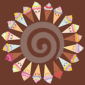 Card design for your text, banner template with round frame, Kawaii funny Ice cream waffle cone, muzzle with pink cheeks and