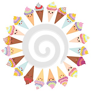 Card design for your text, banner template with round frame, Kawaii funny Ice cream waffle cone, muzzle with pink cheeks and