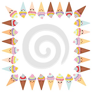 Card design for your text, banner template with square frame, Kawaii funny Ice cream waffle cone, muzzle with pink cheeks and wink