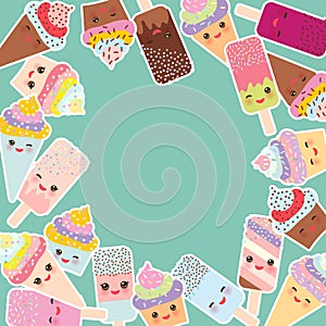 Card design for your text. round frame, cupcakes with cream, ice cream in waffle cones, ice lolly Kawaii with pink cheeks and win