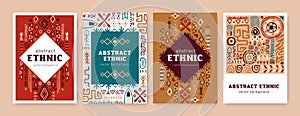 Card designs with ethnic African tribal ornaments. Abstract background design templates with ancient tribe geometric