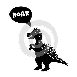 Card with dinozaur and text Roar on white background.
