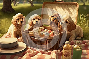 Card for dog friendly picnic with happy puppies. AI