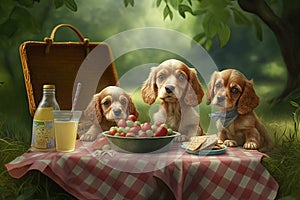 Card for dog friendly picnic with happy puppies