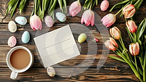 A card, easter eggs and a cup of coffee on wooden table, AI
