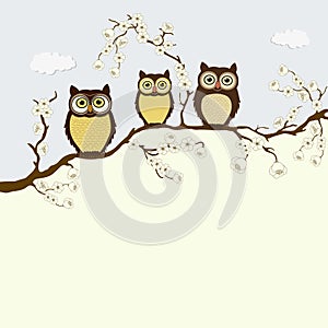 Card with family of owls on a branch with flowers