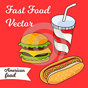 Card with fast food hamburger, hot dog and soft drink in cup wi