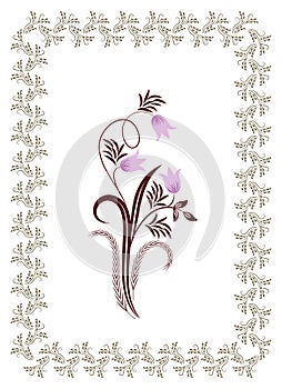 Card with floral ornament and bluebell flowers, leaves and abstract lines. Graceful decorative postcard for greeting or invitation