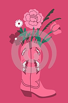 Card with flowers in a cowboy boot. Vector graphics