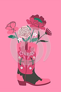 Card with flowers in a cowboy boot. Vector graphics