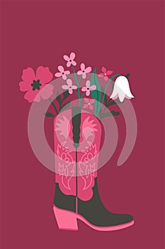 Card with flowers in a cowboy boot. Vector graphics