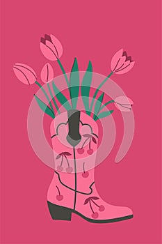 Card with flowers in a cowboy boot. Vector graphics