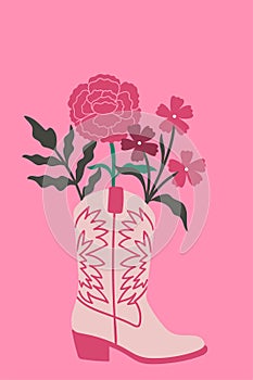Card with flowers in a cowboy boot. Vector graphics