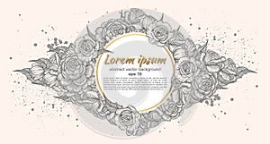 Card with flowers of roses. Floral pattern and place for text insertion. Greeting card or wedding invitation. vector illustration
