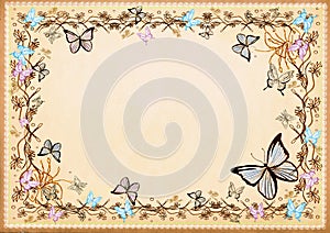 Card and frame background butterfly and flower on retro paper co