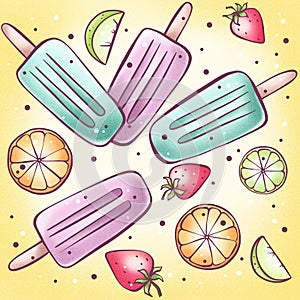 Card fresh icy gelato and fruits. Used for poster, banner, greeting, invatation photo