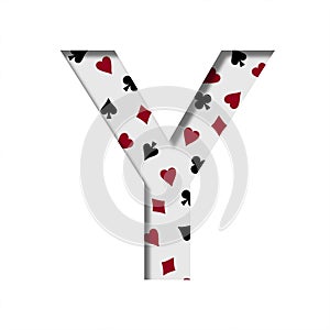 Card games font. The letter Y cut out of paper on the background of the pattern of card suits spades hearts diamonds and clubs.