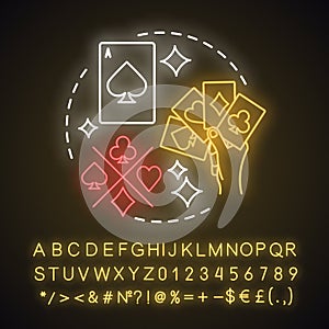 Card games neon light concept icon. Poker & blackjack idea. Playing cards suits, aces. Gambling, games of chance. Casino