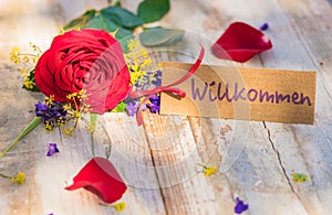 Card with german word, willkommen, means welcome and red rose flower on rustic wood