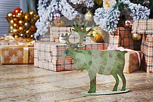 Card With Golden Festive Decoration.Green Moose, Christmas Ball, Hear, Star. Gray, Rustic, Vintage Wooden Background. Copy Space