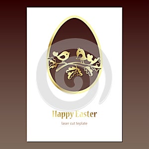 Card with golden openwork Easter egg with two birds and space for text. Laser cutting or foiling template.