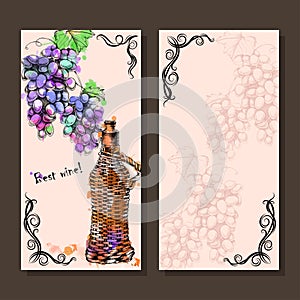 Card with grapes, wine on hand-drawing style